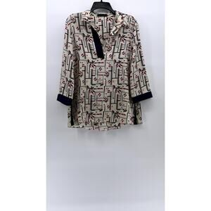 PURIFICACION GARCIA Women's Beige-Navy Printed Split-Neck Blouse SZ 38(US-S)